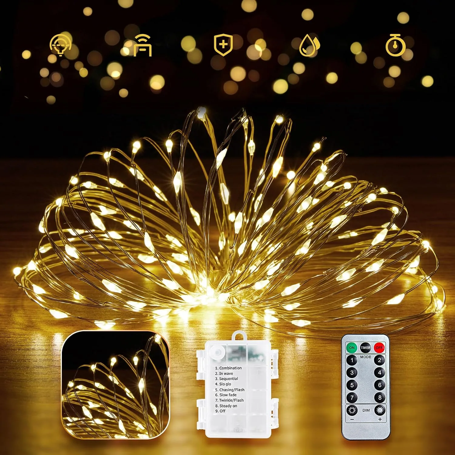 Minetom 33FT 100LED Fairy Lights Battery Operated, Warm White, 200LEDs, photo 3