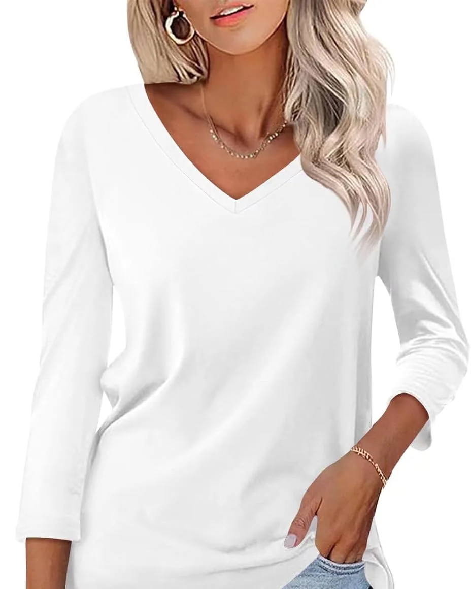 Minetom Women's 3/4 Length Sleeve Tops V Neck T Shirts Casual Basic Tees, White, Small, photo 21
