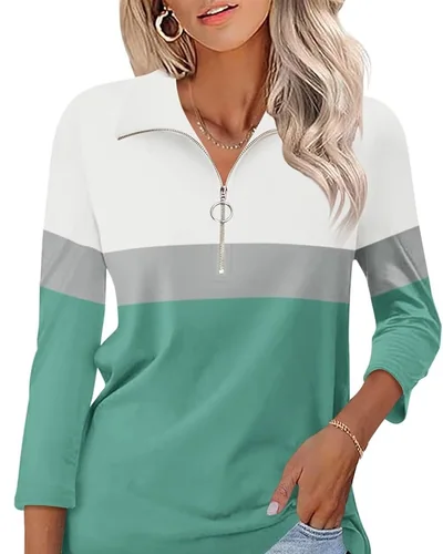 Minetom Women's V Neck 3/4 Sleeve Tops Quarter Zip Collared Shirts Color Block, thumbnail 1