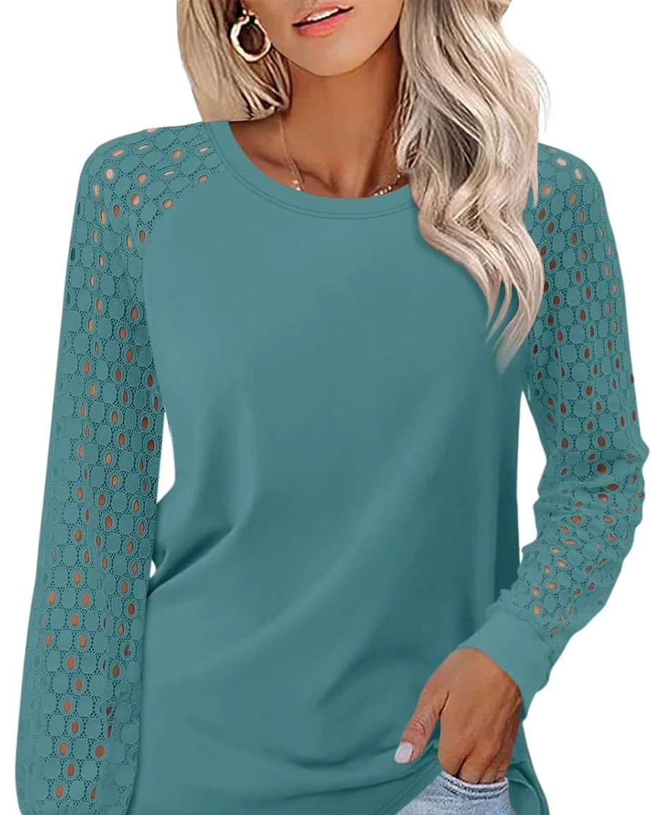 Minetom Womens Lace Tops Long Sleeve Shirts Dressy Casual Blouses Trendy, Blue Green, Large, photo 6