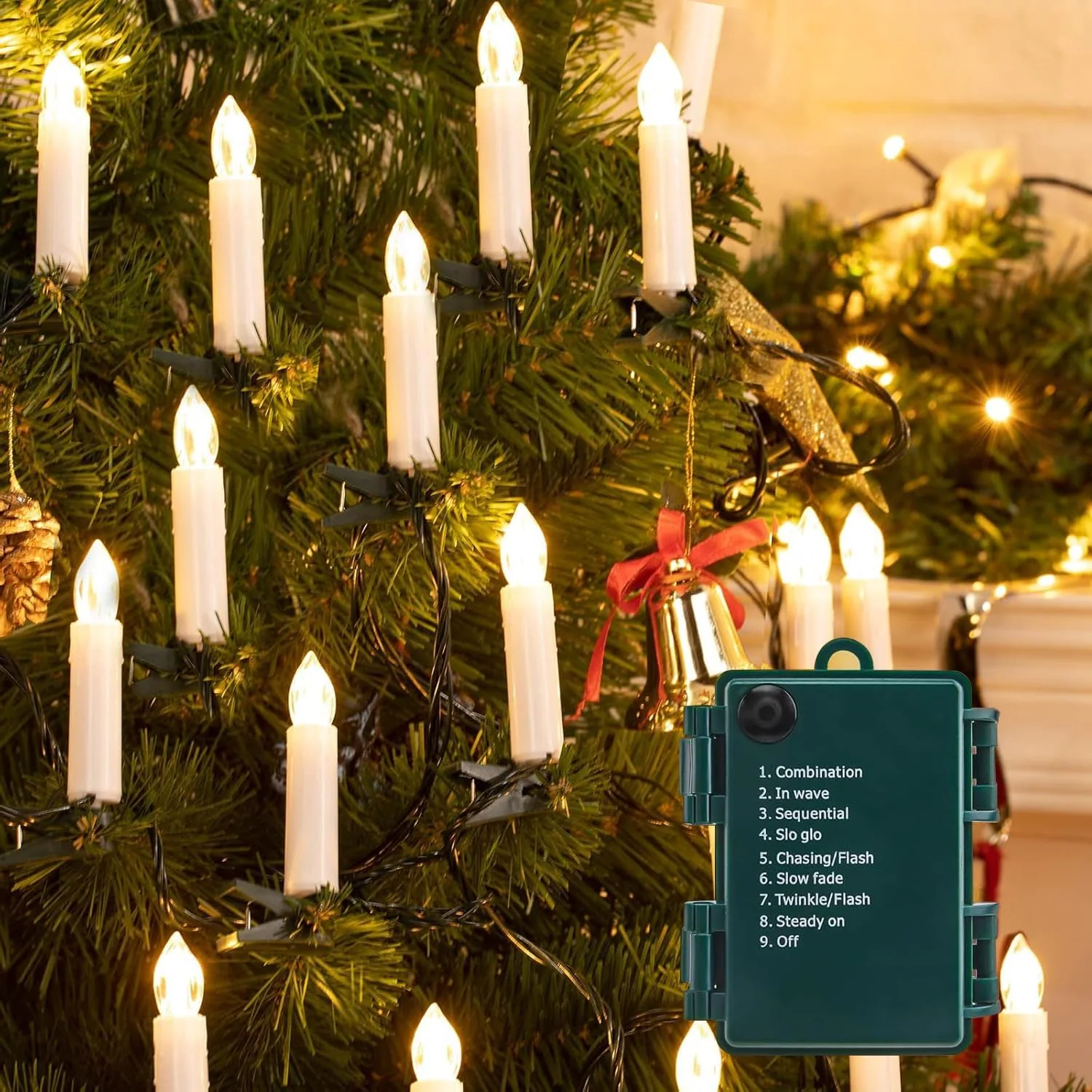Minetom 48ft 50 LED Connectable Flameless Candle Lights for Christmas Tree, Warm White - 8 Lighting Modes, 50LED - Battery Operated, photo 6