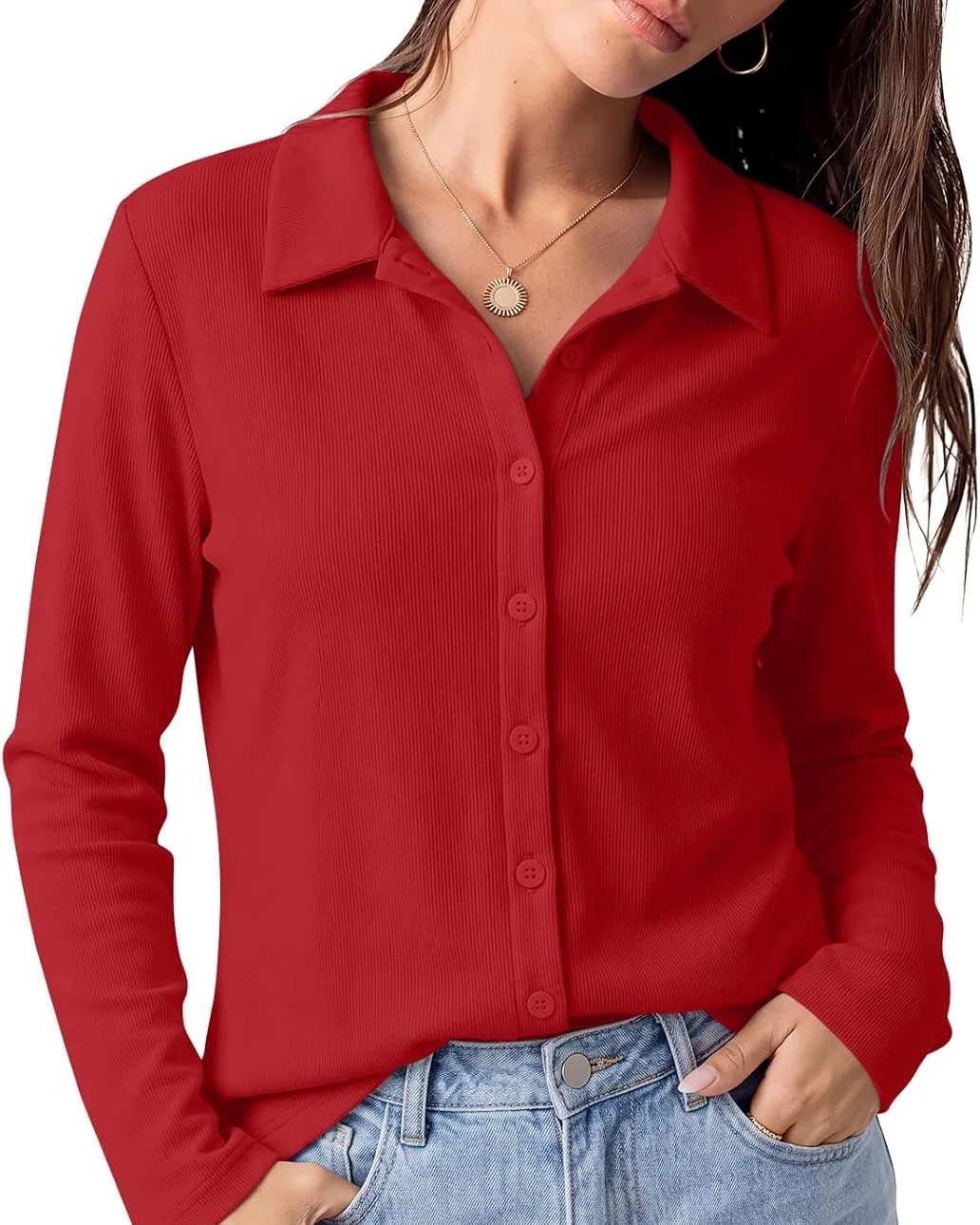 Minetom Womens long Sleeve Button Down Tops V Neck Collared Shirts, Red, Small, photo 7