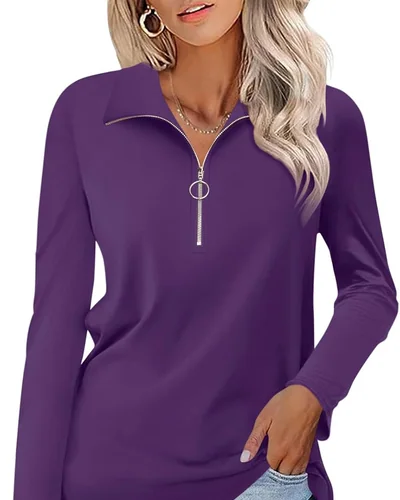Minetom Womens Long Sleeve Shirts 1/4 Zipper Pullover V Neck Collar Tops, thumbnail 9