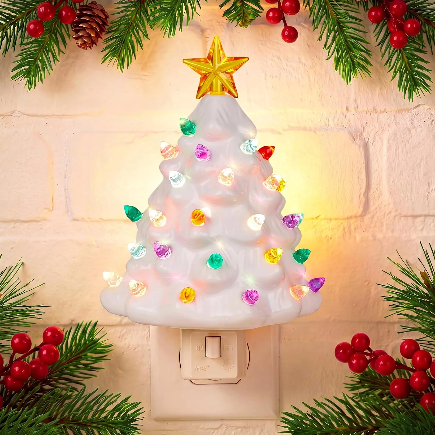 Minetom White Ceramic Christmas Tree Night Light Vintage Plug in Wall Decor, White, 1 Pack, photo 1