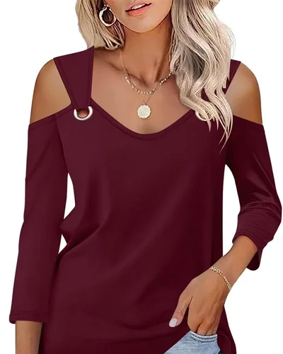 Minetom Women's V Neck 3/4 Sleeve Shirts Cold Shoulder Tops 2026 Fall Tees, thumbnail 27