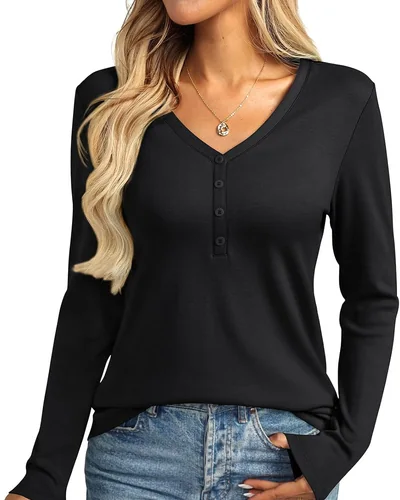 Minetom Womens Long Sleeve Tops Henley V Neck Tees Button Up Shirts Basic, thumbnail 7