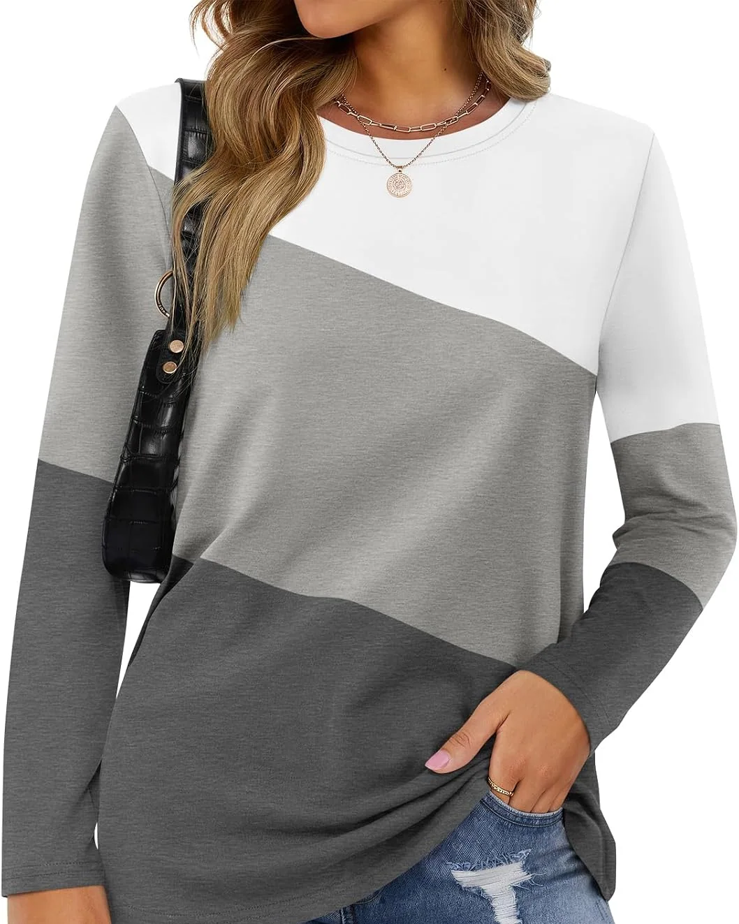 Minetom Women's Color Block Tops Casual Long Sleeve Shirts Pullover Tunic, White-gray-charcoal, Small, photo 11