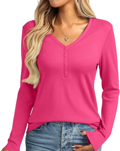 Minetom Womens Long Sleeve Tops Henley V Neck Tees Button Up Shirts Basic, thumbnail 14