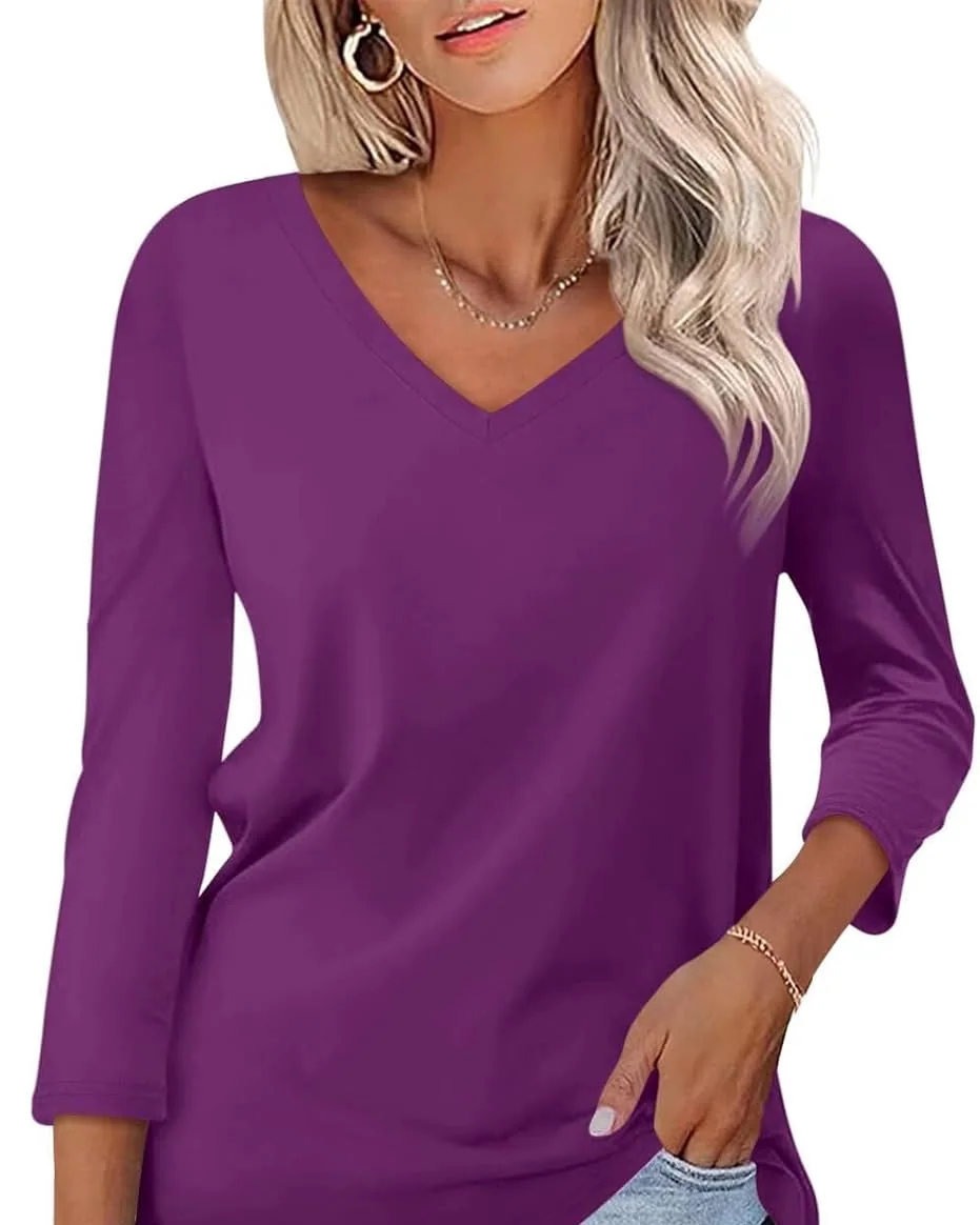 Minetom Women's 3/4 Length Sleeve Tops V Neck T Shirts Casual Basic Tees, Dark Purple, Small, photo 7