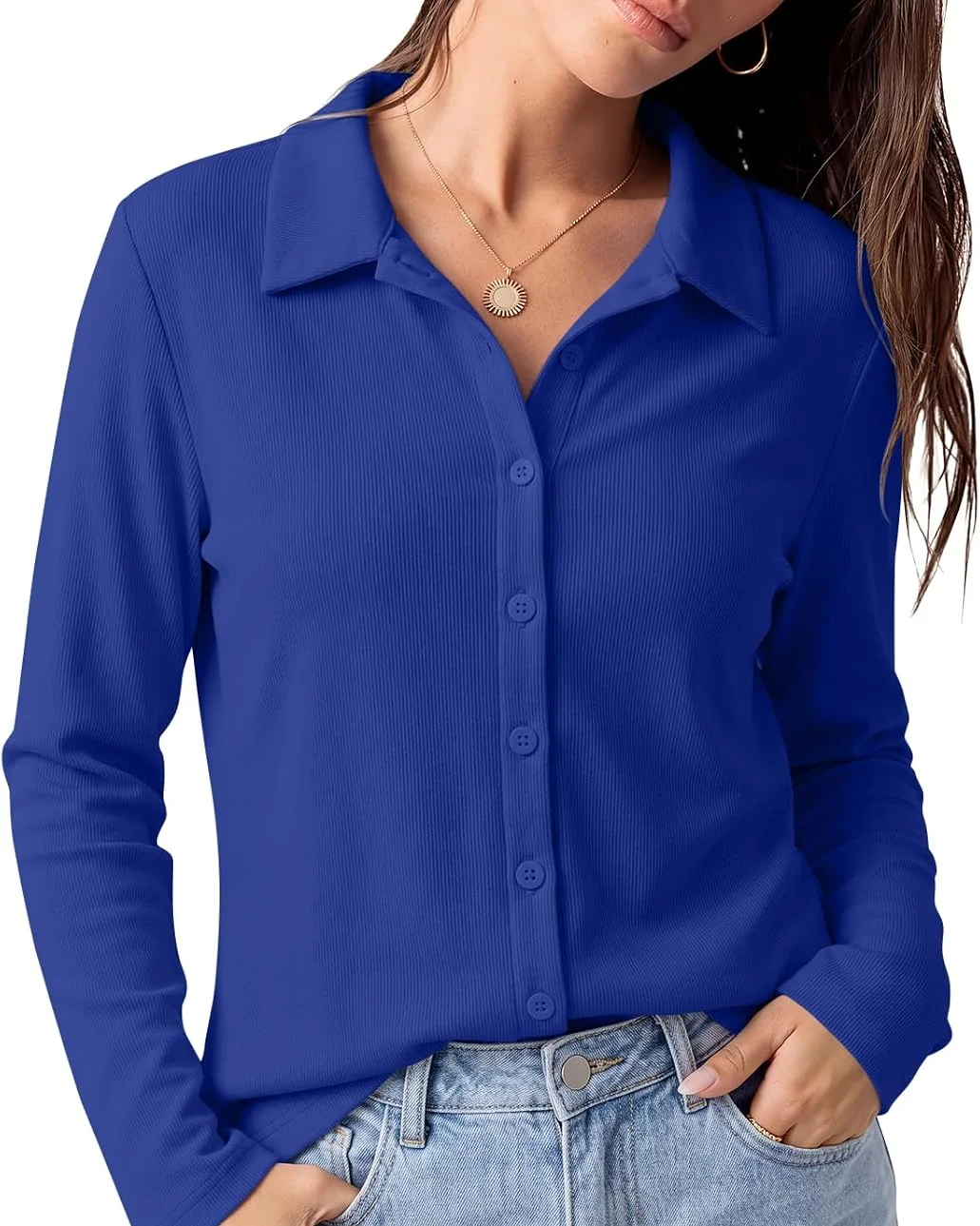 Minetom Womens long Sleeve Button Down Tops V Neck Collared Shirts, Royal Blue, Small, photo 8