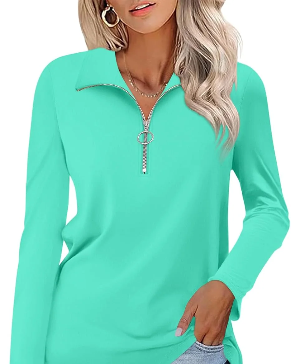 Minetom Womens Long Sleeve Shirts 1/4 Zipper Pullover V Neck Collar Tops, Lake Blue, Small, photo 20