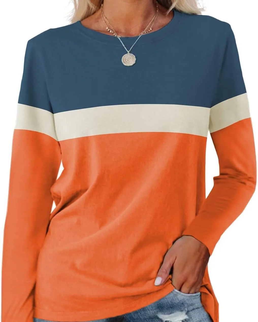 Minetom Women's Color Block Tunic Tops Casual Long Sleeve Shirts Round Neck, Navy Blue-apricot-orange, Small, photo 16