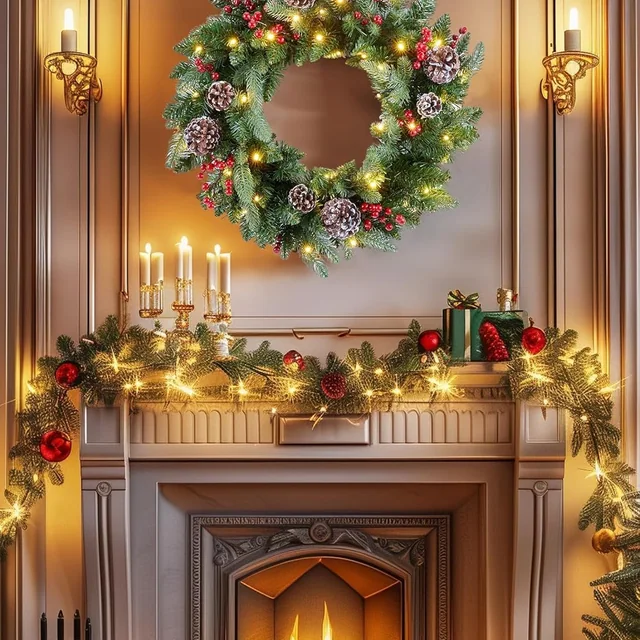 Minetom 24 Inch Prelit Christmas Wreath, Artificial Christmas Wreath for Front Door