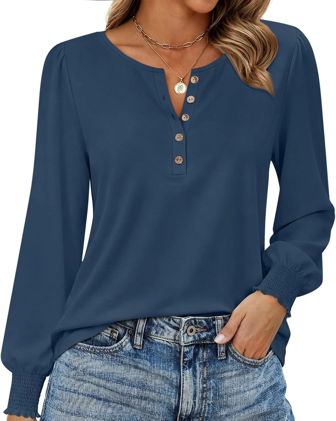 Minetom Womens Long Sleeve Shirts Henley Button Up Blouse 2026 Fall Tops, Navy Blue, Small, photo 7