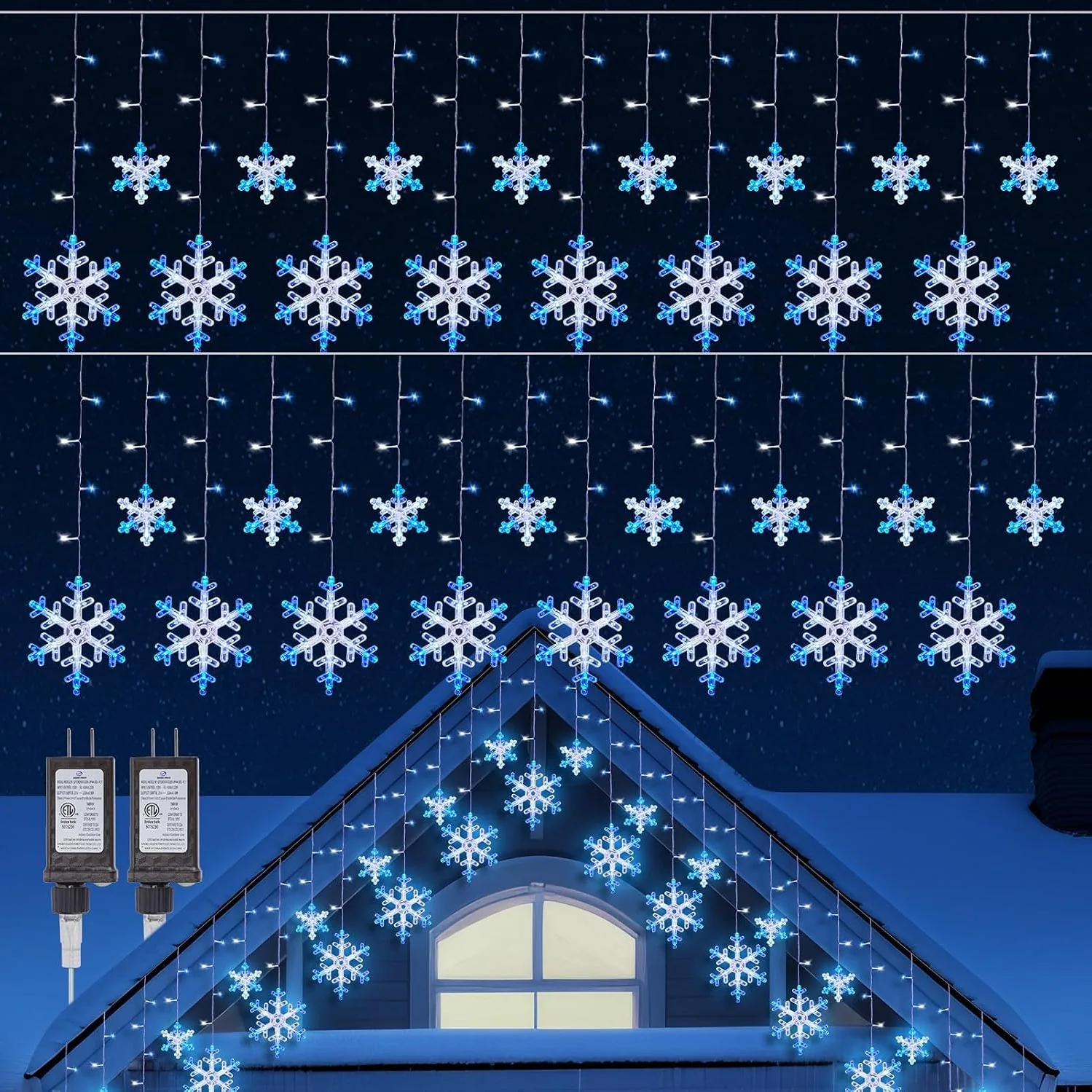 Minetom Christmas Snowflake Icicle Lights, Blue and White, 2 Pack, photo 7