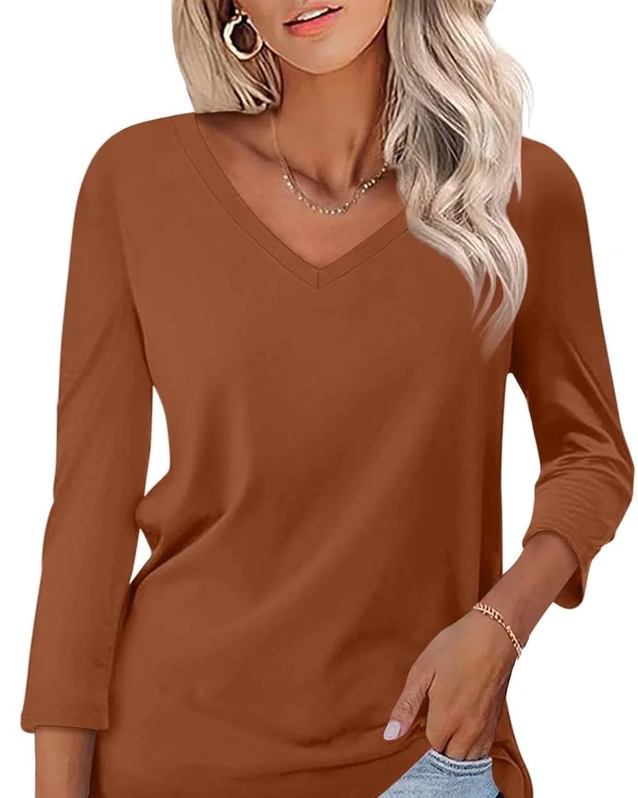 Minetom Women's 3/4 Length Sleeve Tops V Neck T Shirts Casual Basic Tees, Rust, Small, photo 29