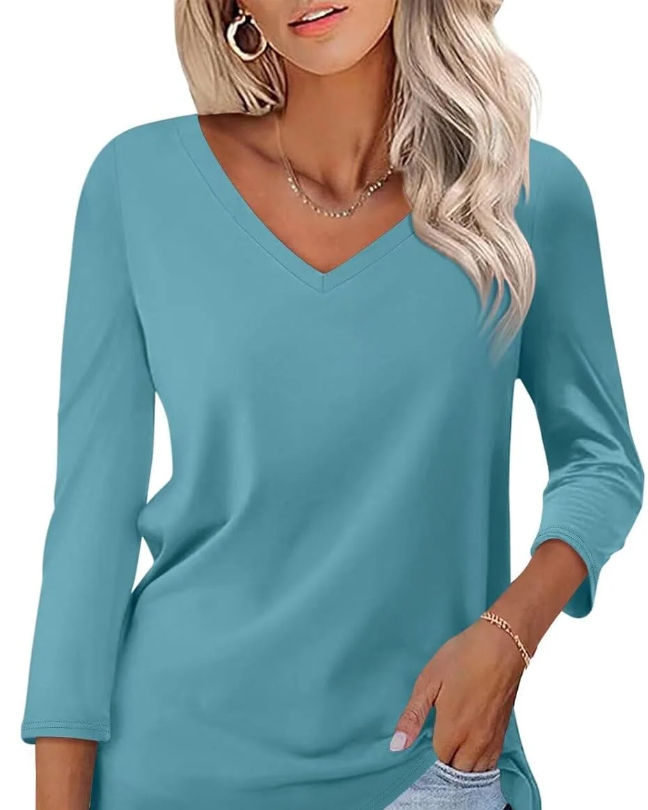 Minetom Women's 3/4 Length Sleeve Tops V Neck T Shirts Casual Basic Tees, Mint, Small, photo 19