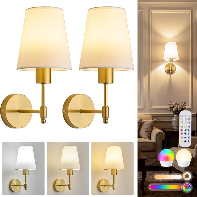 Minetom Battery Operated Wall Sconces Set of 2 Gold Rechargeable Wall Decor