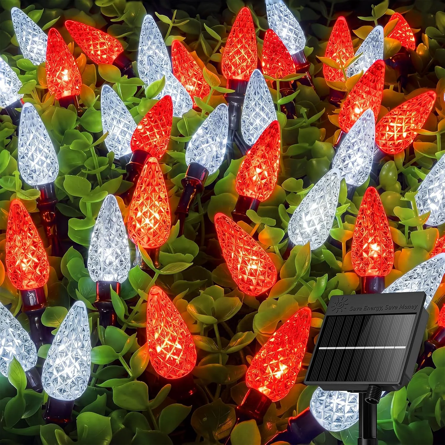 Minetom 23FT 50 LED C6 Solar Christmas Lights Outdoor Waterproof, Red and White, 50 LED, photo 9