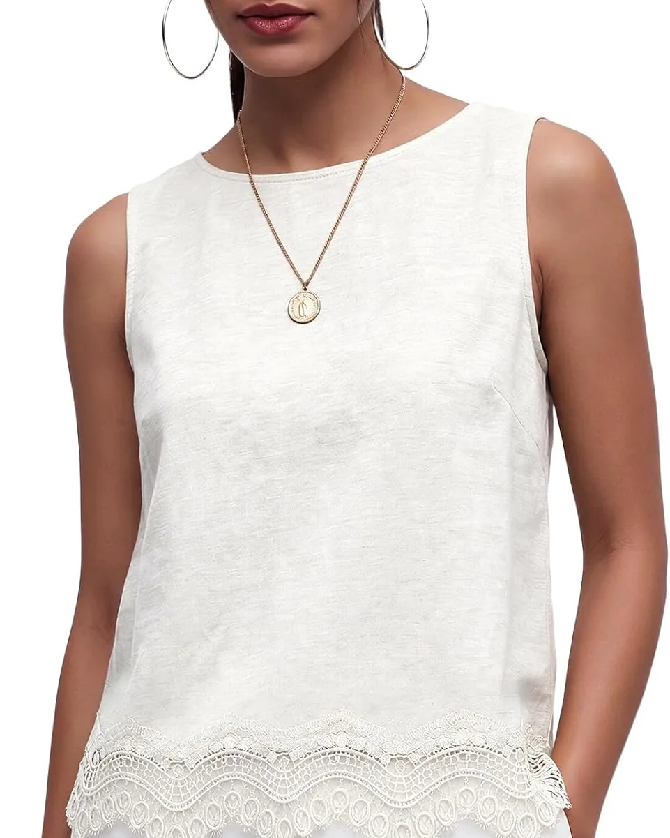 Minetom Women's Cotton Lace Tank Tops Crewneck Sleeveless Shirts White, photo 2