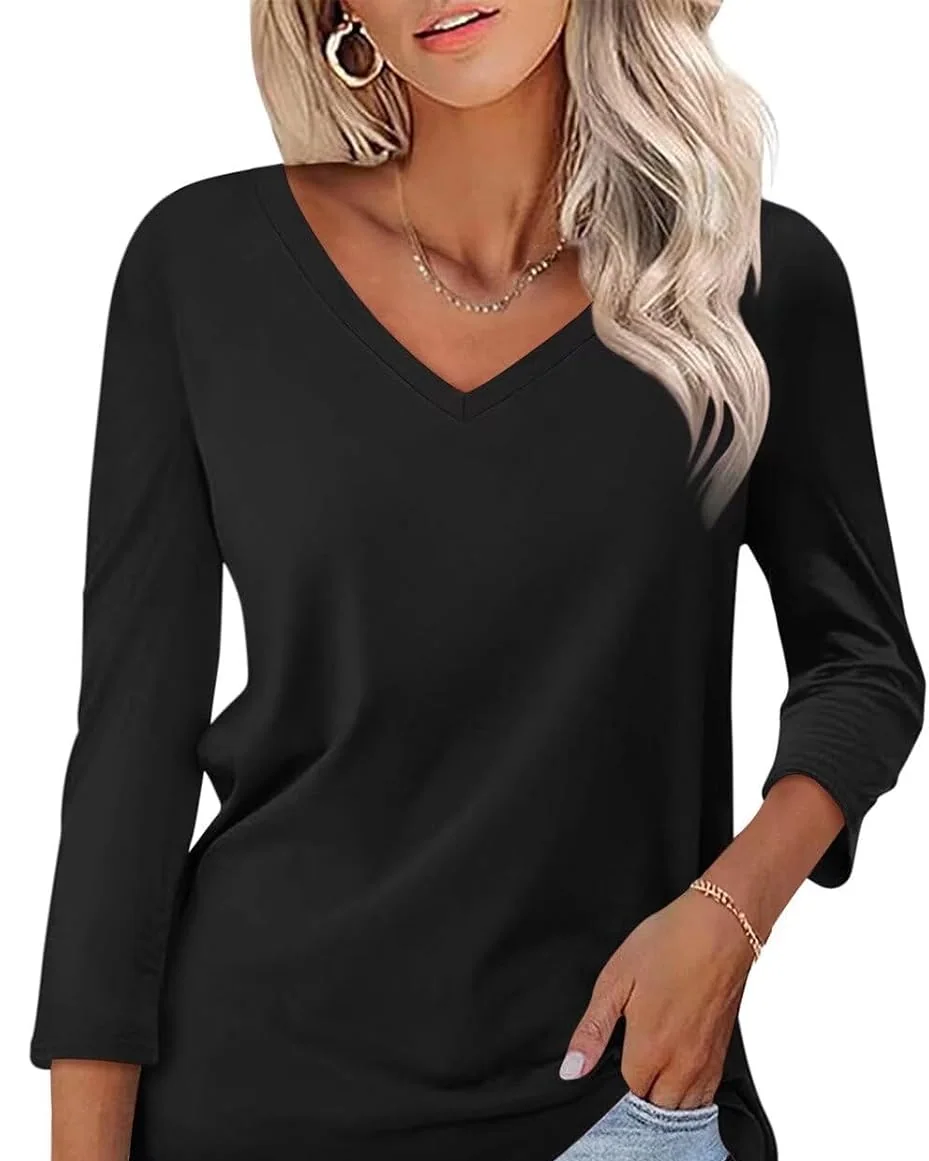 Minetom Women's 3/4 Length Sleeve Tops V Neck T Shirts Casual Basic Tees, Black, Small, photo 14