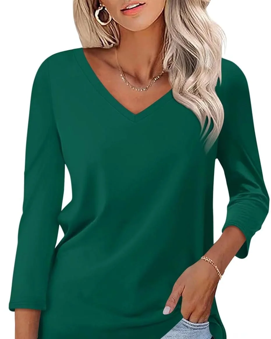 Minetom Women's 3/4 Length Sleeve Tops V Neck T Shirts Casual Basic Tees, Green, Small, photo 18