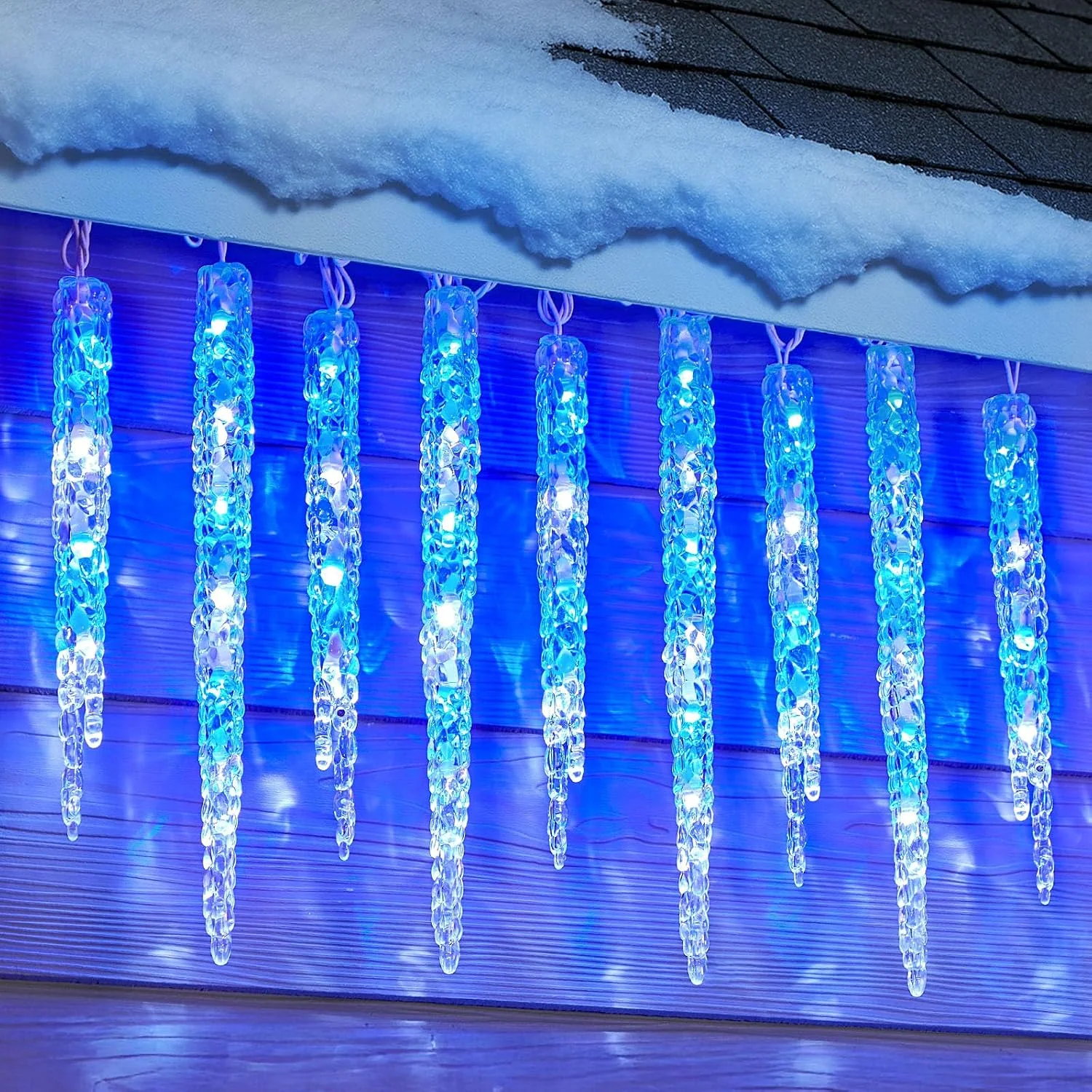 Minetom Icicle Lights Outdoor with Clips, Blue and White, 20 Tubes, photo 6