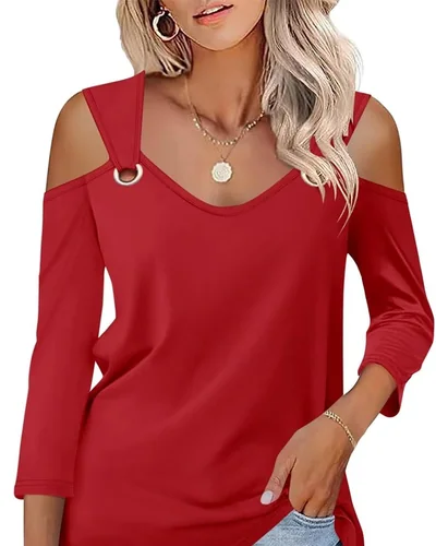 Minetom Women's V Neck 3/4 Sleeve Shirts Cold Shoulder Tops 2026 Fall Tees, thumbnail 21