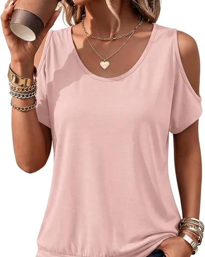 Minetom Womens Cold Shoulder Tops Banded Bottom Shirts Short Sleeve Shirts, thumbnail 1