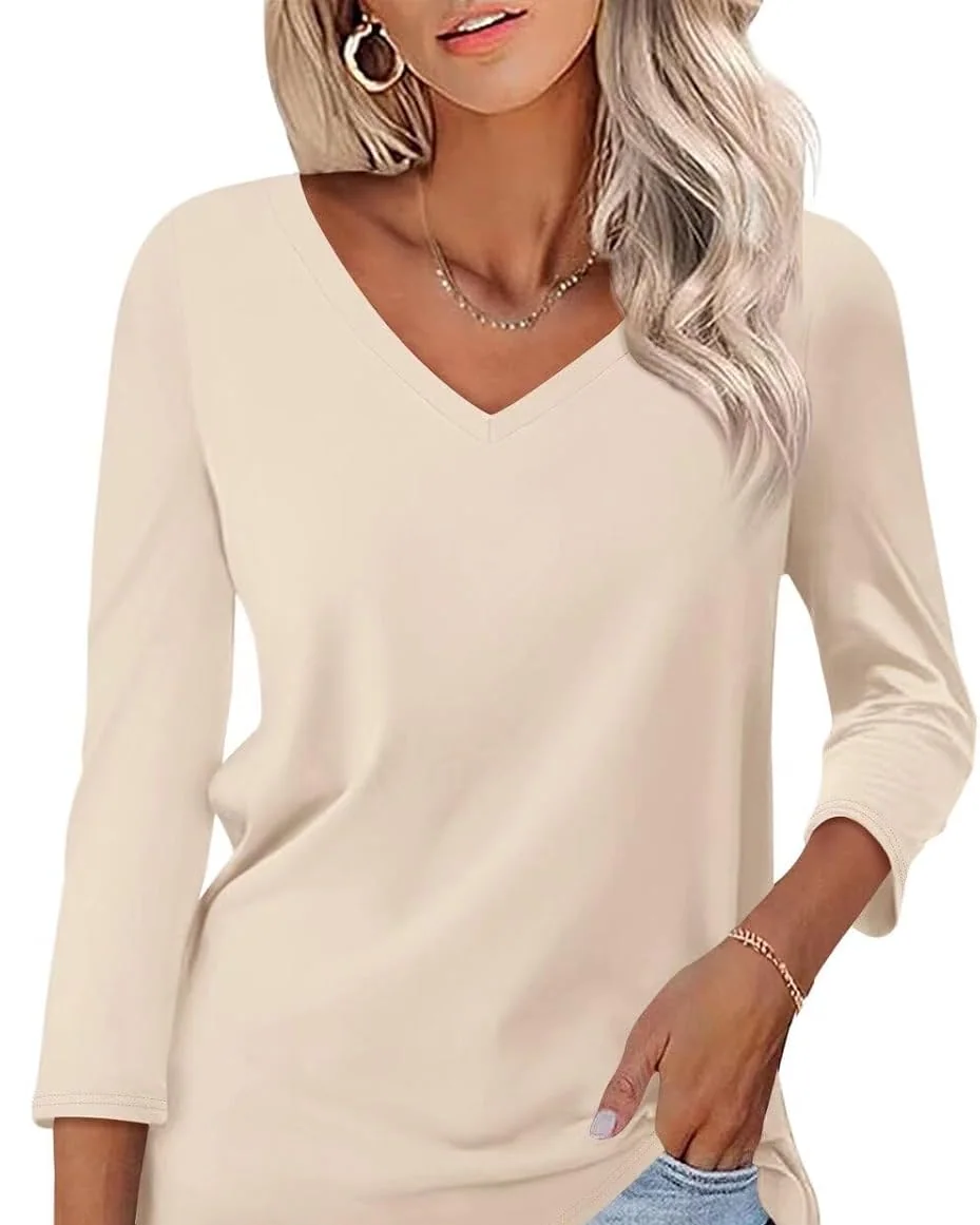 Minetom Women's 3/4 Length Sleeve Tops V Neck T Shirts Casual Basic Tees, Apricot, Small, photo 12