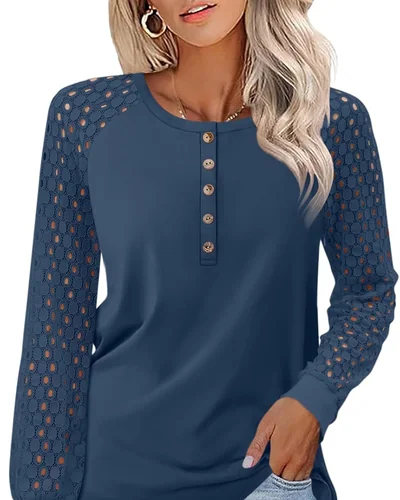 Minetom Women's Lace Long Sleeve Tops Henley Shirts Fall Button Up Blouse, thumbnail 10