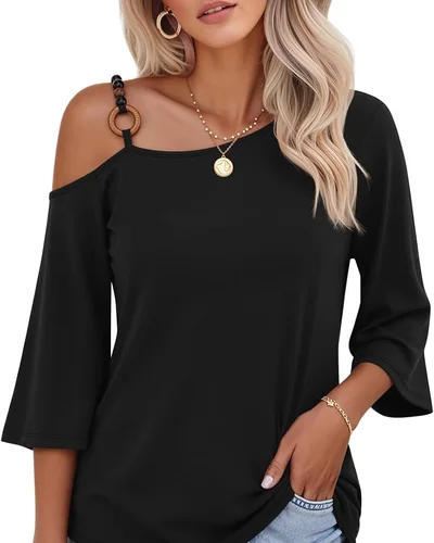 Minetom Women's Off the Shoulder Tops 3 4 Sleeve V Neck T Shirts Fall Tee, thumbnail 5