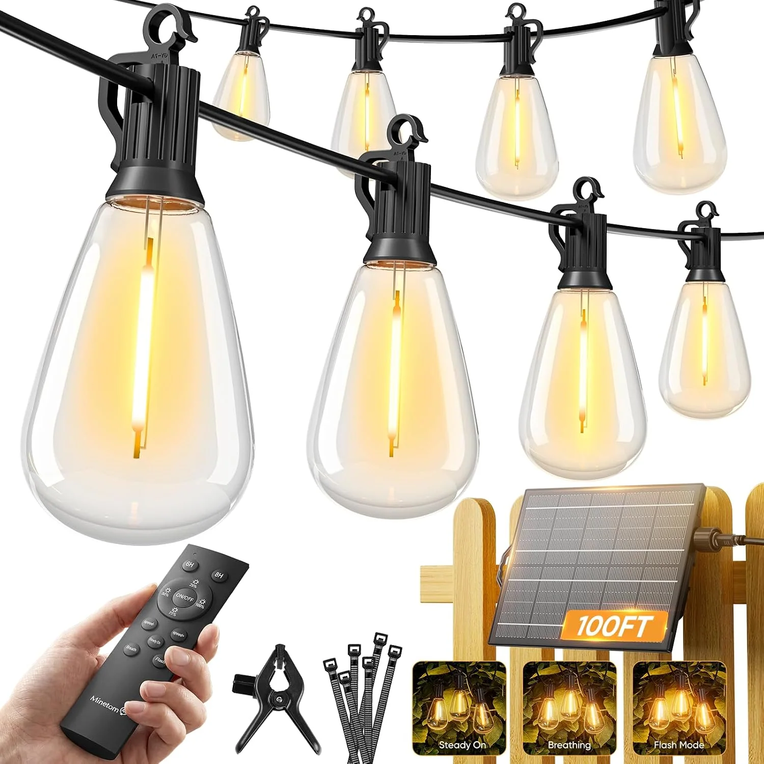 Minetom 100FT Solar String Lights Outdoor Waterproof, 100FT(31 Sockets), photo 1