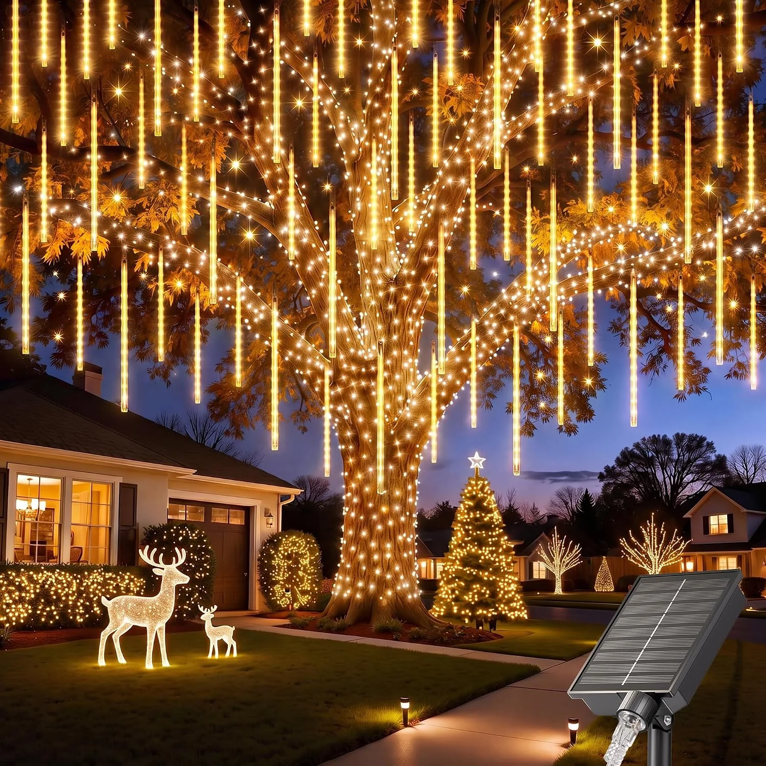 Minetom Solar Meteor Shower Lights Outdoor, 16 Tubes 384 LED Rain Drop Lights, Warm White, 12 Inch 16 Tube 384 LED, photo 1