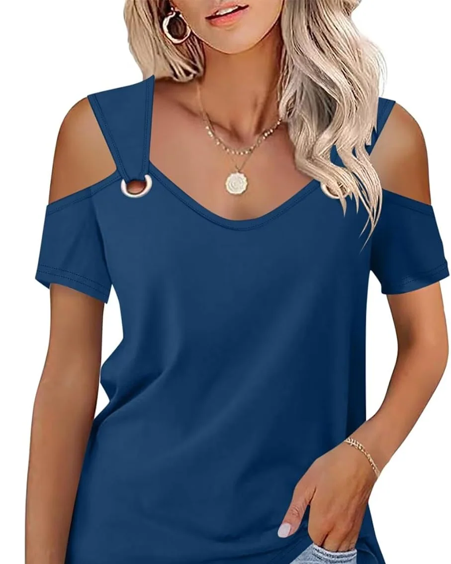 Minetom Women's Cold Shoulder Tops Short Sleeve V Neck T Shirts Summer Tee, Navy Blue, Small, photo 18