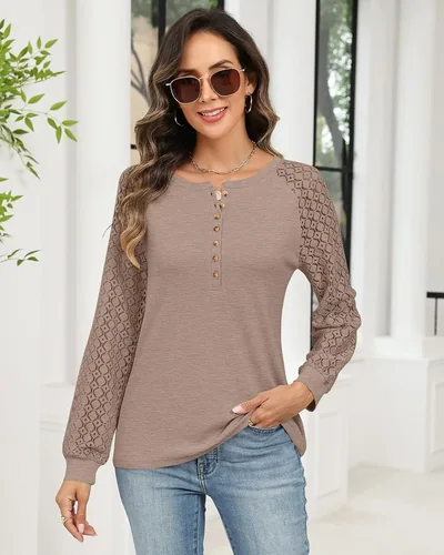 Minetom Women's Lace Long Sleeve Tops Henley Shirts Casual Blouses Tees, thumbnail 3