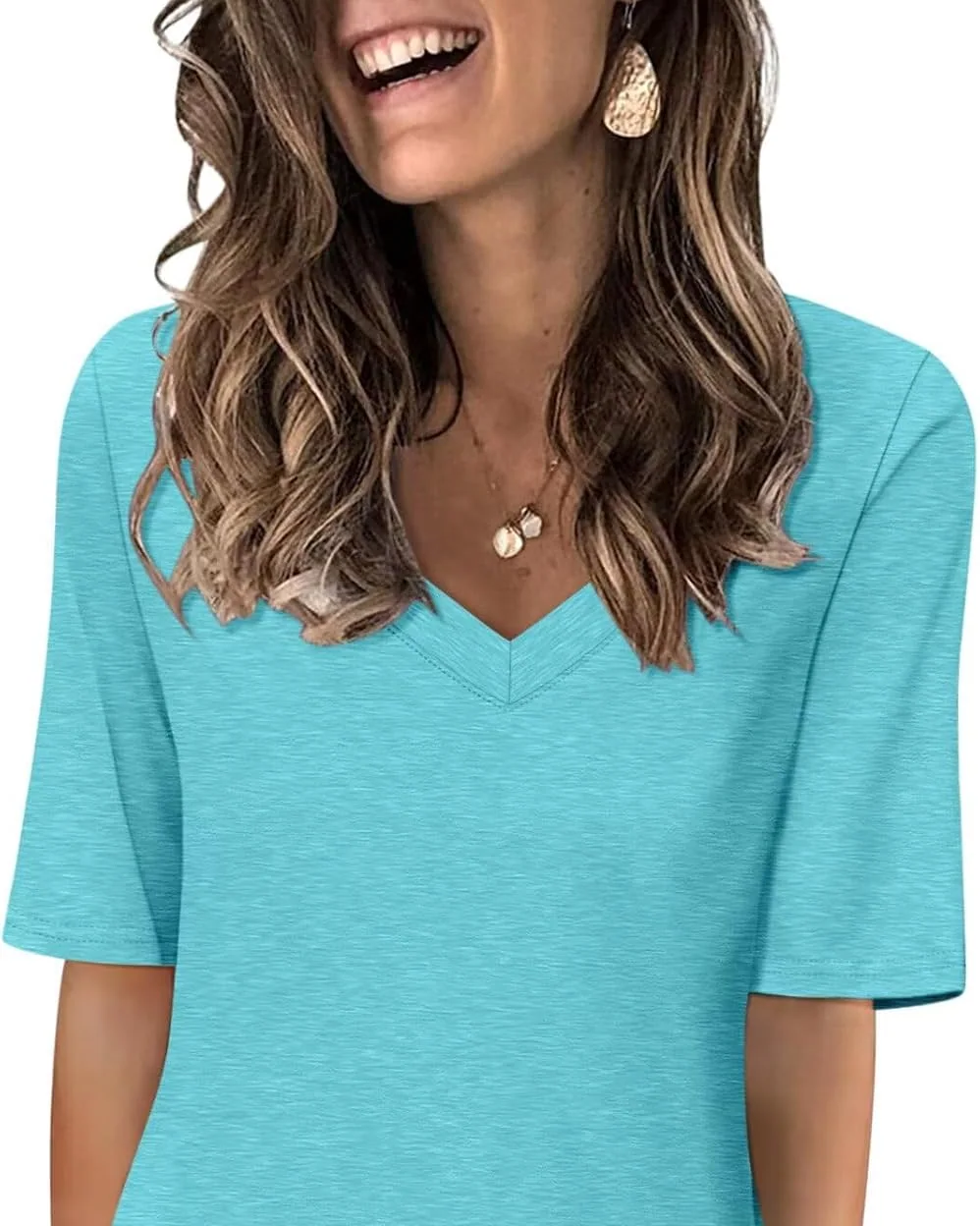 Minetom Women's V Neck T Shirts Casual Half Sleeve Tops Basic Summer Tees, Aqua, Small, photo 9