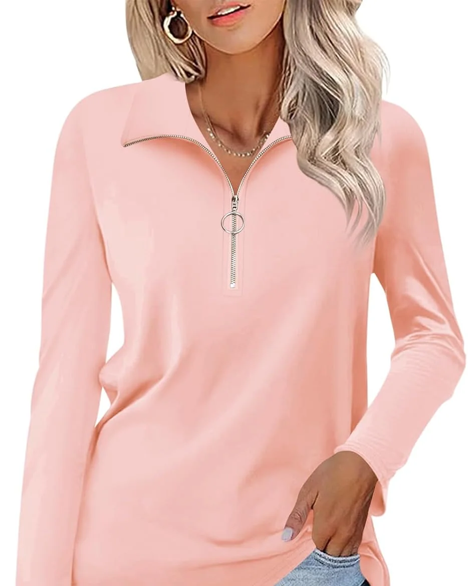 Minetom Womens Long Sleeve Shirts 1/4 Zipper Pullover V Neck Collar Tops, Pink, Small, photo 12