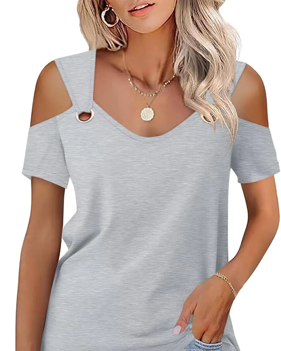 Minetom Women's Cold Shoulder Tops Short Sleeve V Neck T Shirts Summer Tee, Gray, Small, photo 6
