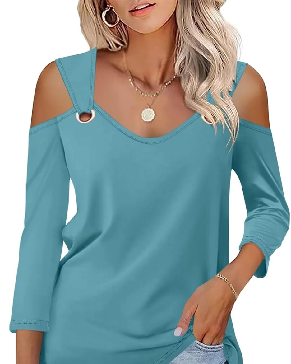 Minetom Women's V Neck 3/4 Sleeve Shirts Cold Shoulder Tops 2026 Fall Tees, Mint, Small, photo 25