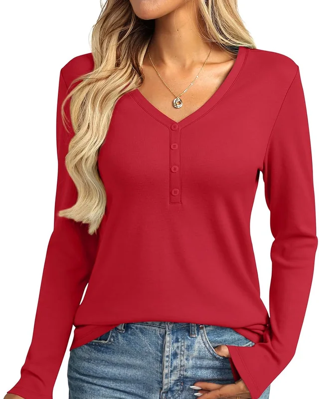 Minetom Womens Long Sleeve Tops Henley V Neck Tees Button Up Shirts Basic