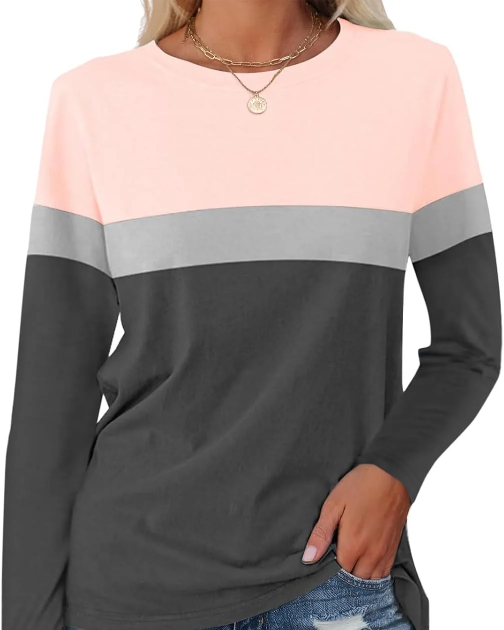 Minetom Women's Color Block Tunic Tops Casual Long Sleeve Shirts Round Neck, Pink-gray-charcoal, Small, photo 14