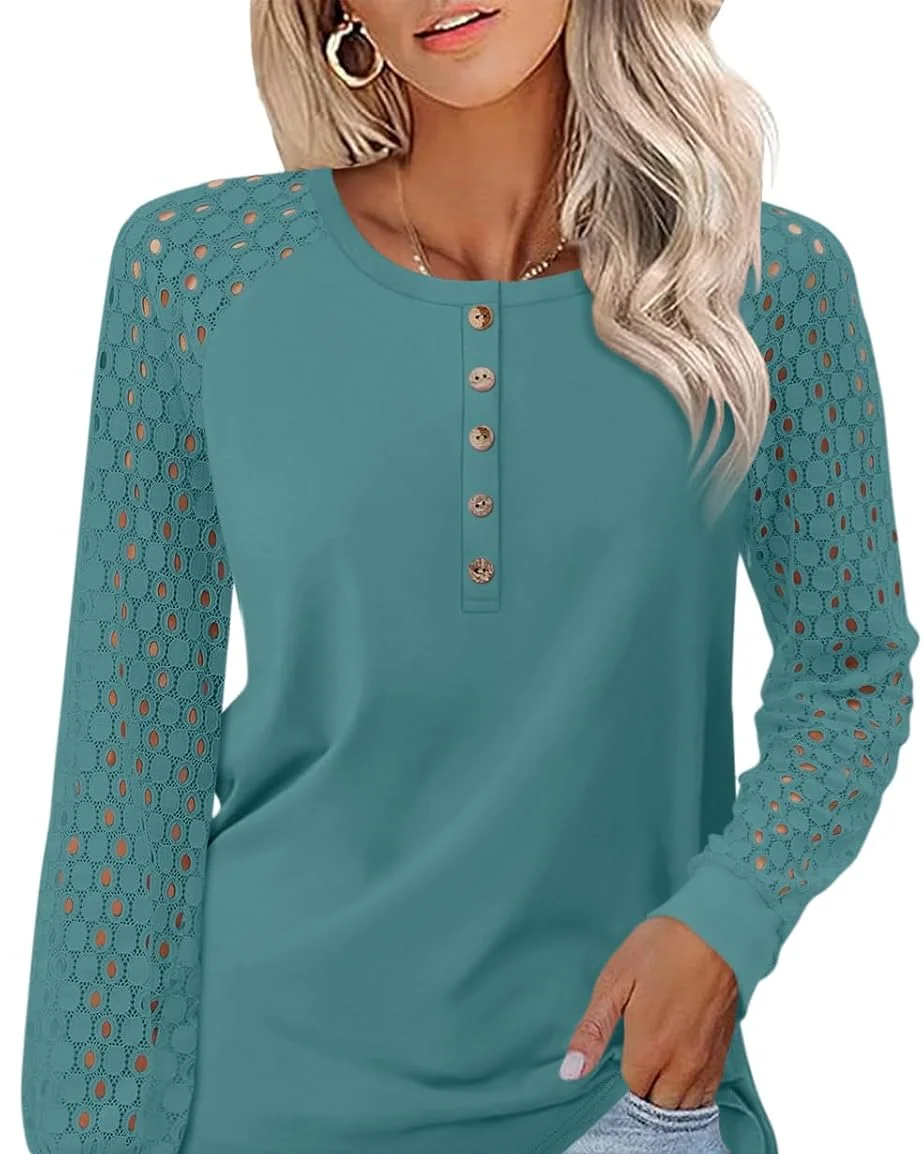 Minetom Women's Lace Long Sleeve Tops Henley Shirts Fall Button Up Blouse, Turquoise, Small, photo 12