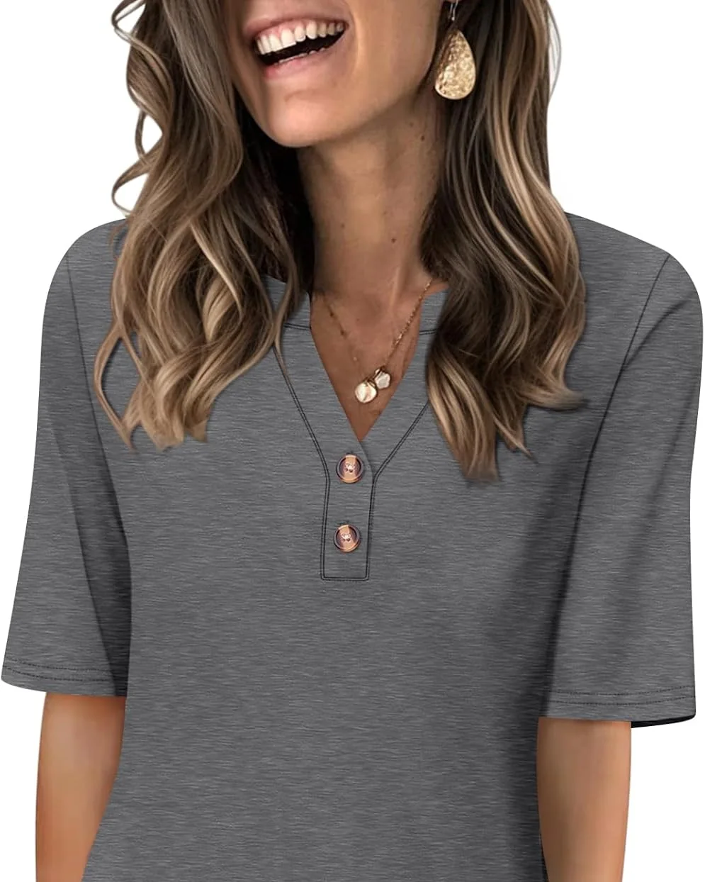 Minetom Women's Half Sleeve Tops V Neck T Shirt Button Casual Tee White, Dark Grey, Small, photo 12