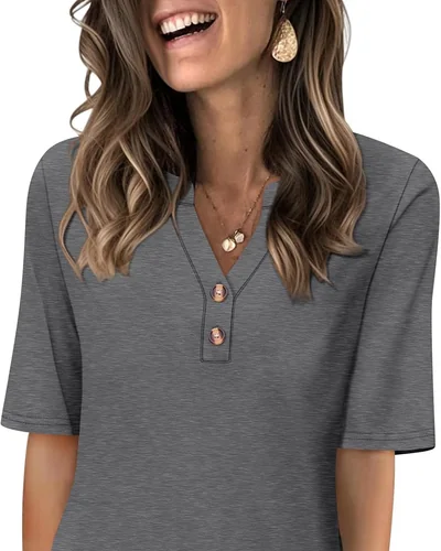 Minetom Women's Half Sleeve Tops V Neck T Shirt Button Casual Tee White, thumbnail 12