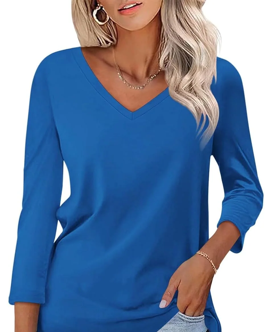 Minetom Women's 3/4 Length Sleeve Tops V Neck T Shirts Casual Basic Tees, Dark Blue, Small, photo 9