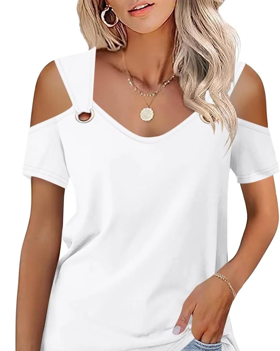 Minetom Women's Cold Shoulder Tops Short Sleeve V Neck T Shirts Summer Tee, White, Small, photo 8