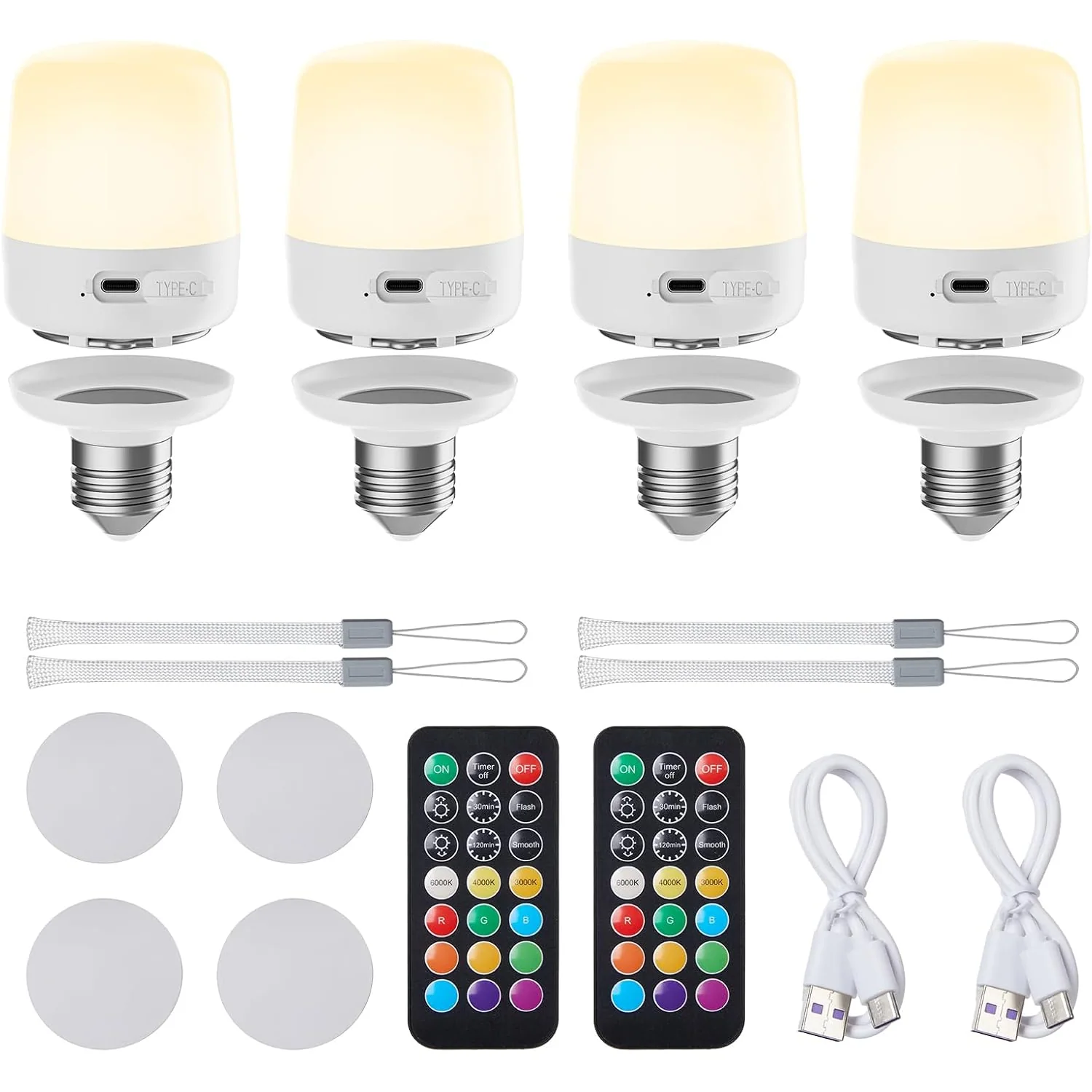 Minetom E26 Rechargeable Light Bulbs with Remote and Timer, 4 Pack, photo 3
