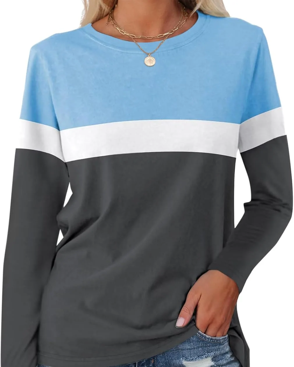 Minetom Women's Color Block Tunic Tops Casual Long Sleeve Shirts Round Neck, Blue-white-charcoal, XX-Large, photo 21