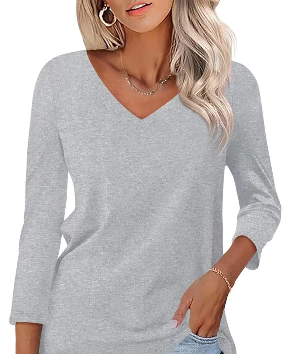 Minetom Women's 3/4 Length Sleeve Tops V Neck T Shirts Casual Basic Tees, Gray, Small, photo 28